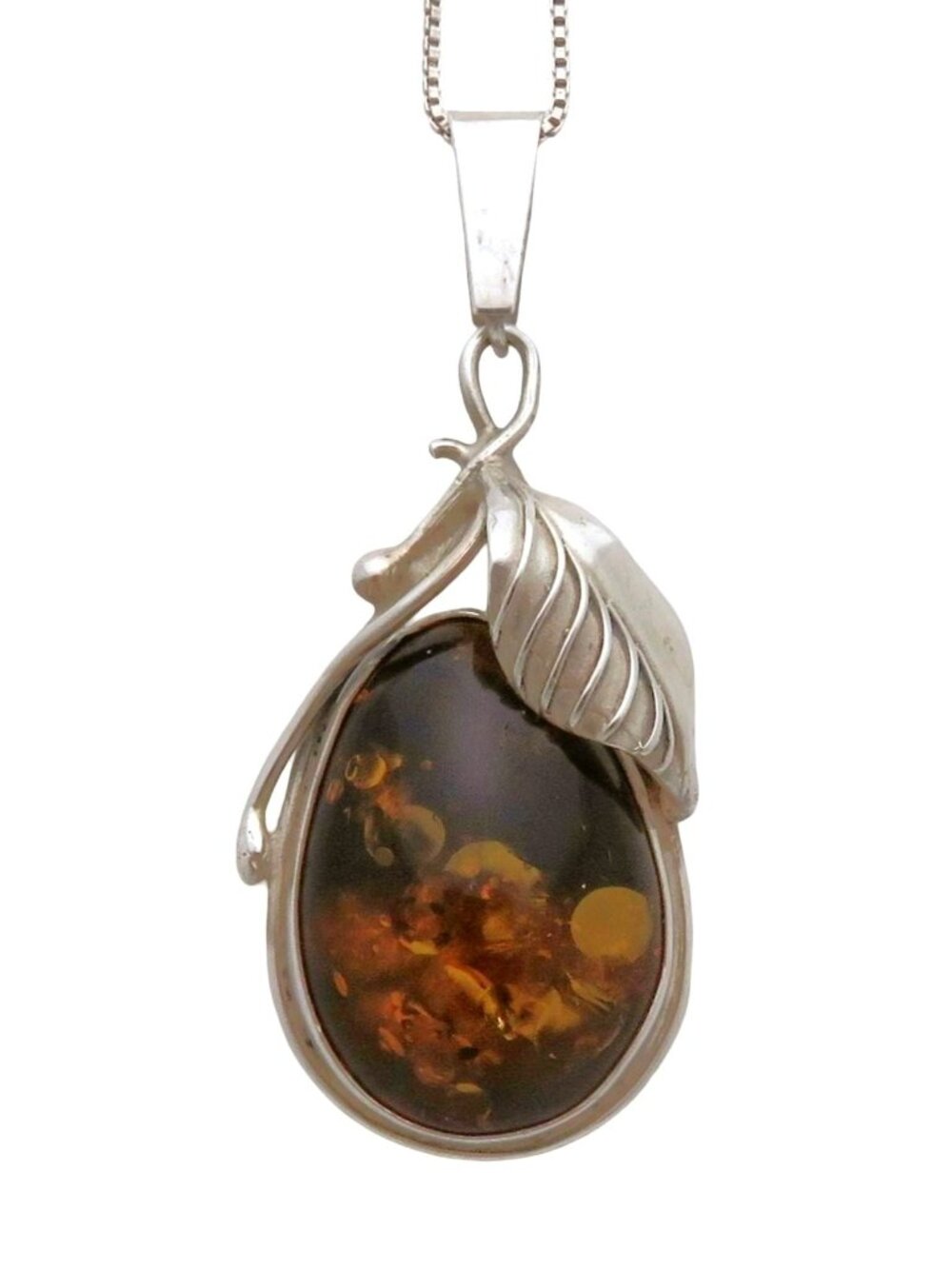 Vintage Sterling Silver Baltic Amber Leaf Motif Pendant Necklace Gdańsk Poland
